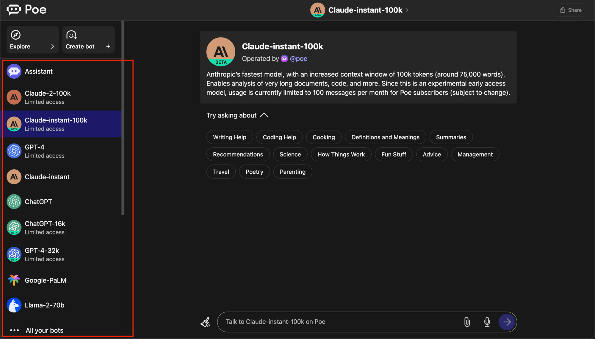 Interact with LLMs on Poe