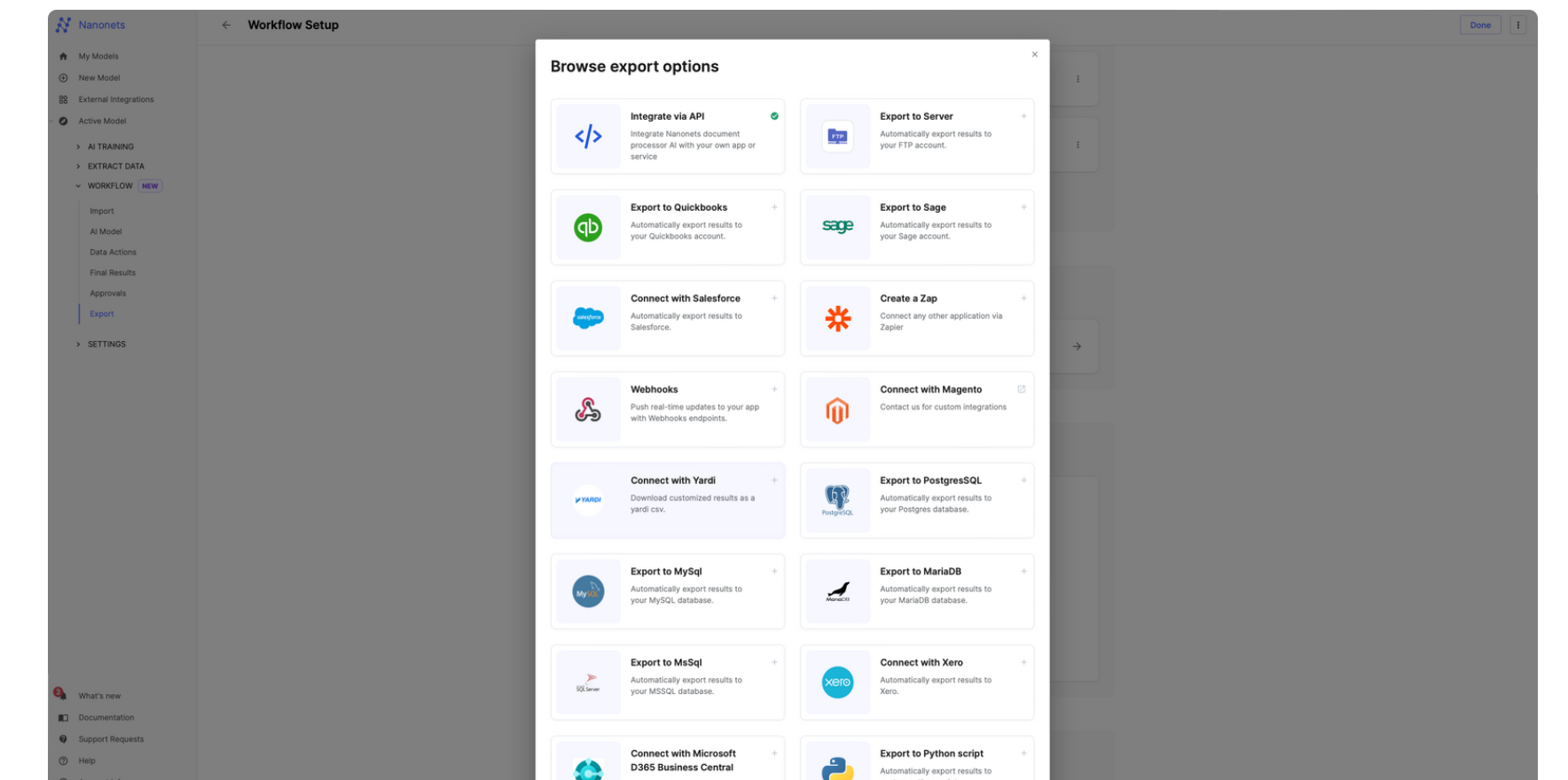 Select built in Xero intergration on Nanonets