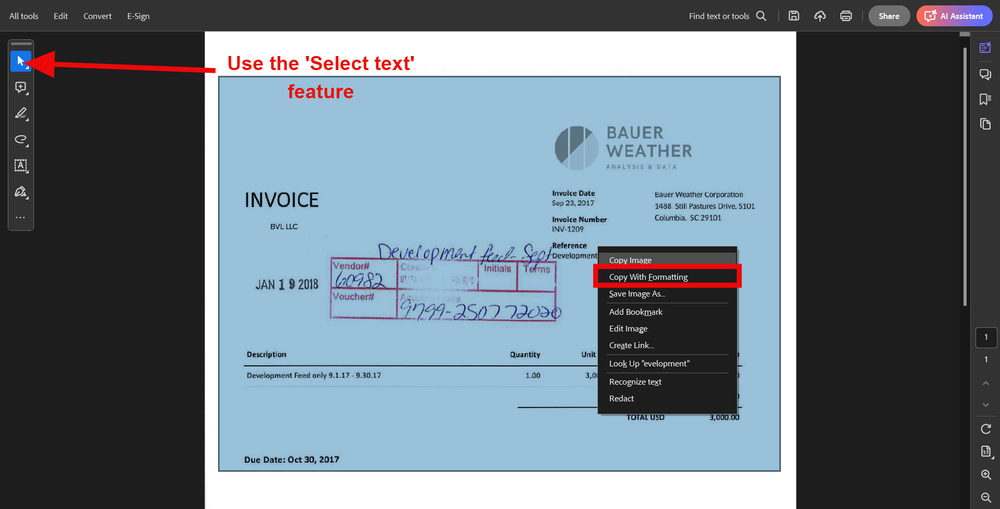 Using Adobe to convert PDF invoice to Excel