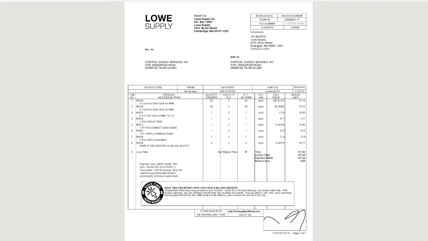 Sample page of the invoice used for analysis
