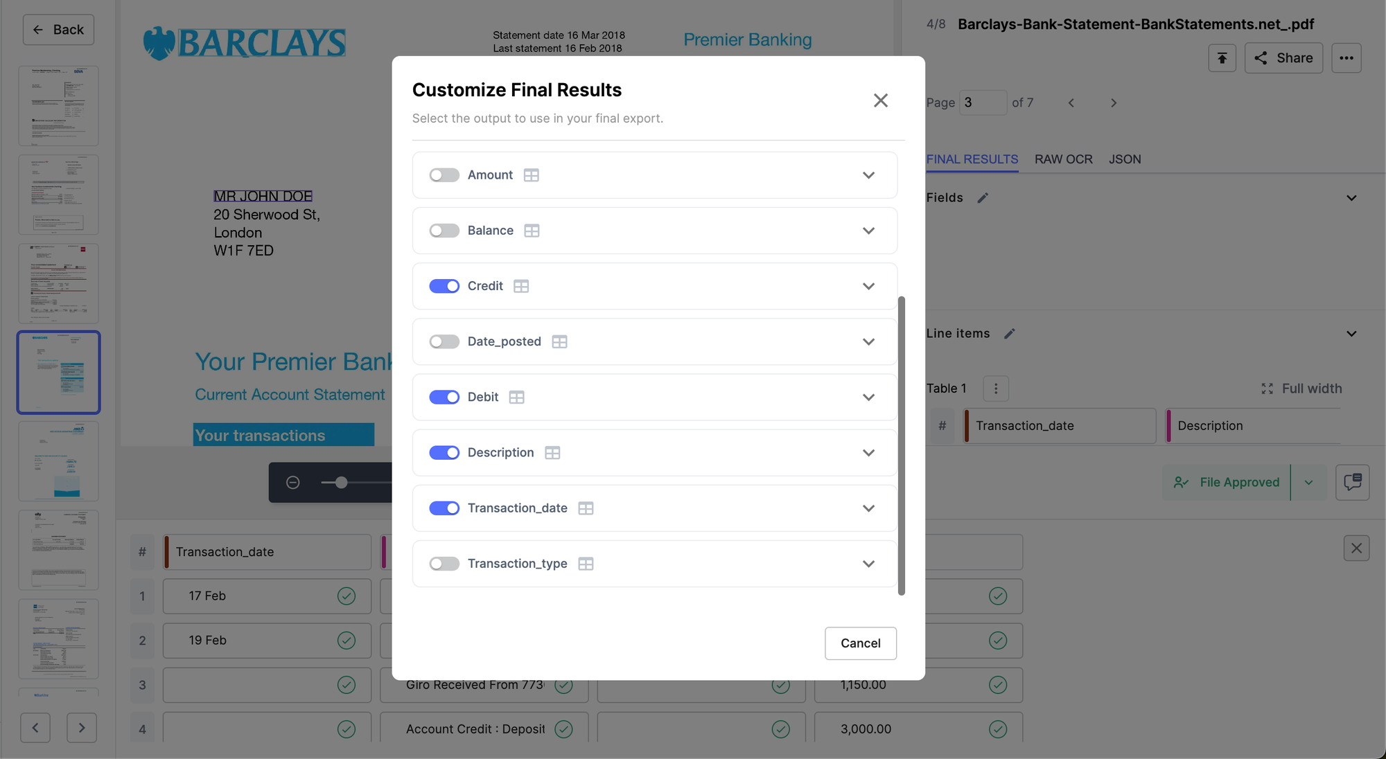 Customise the final output to only display the transaction date, description, debit and credit columns