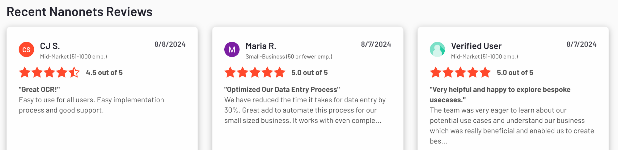 Recent Nanonets reviews on G2