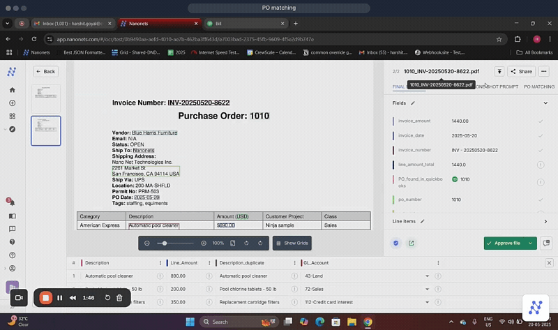 Nanonets automates this verification process through intelligent PO matching