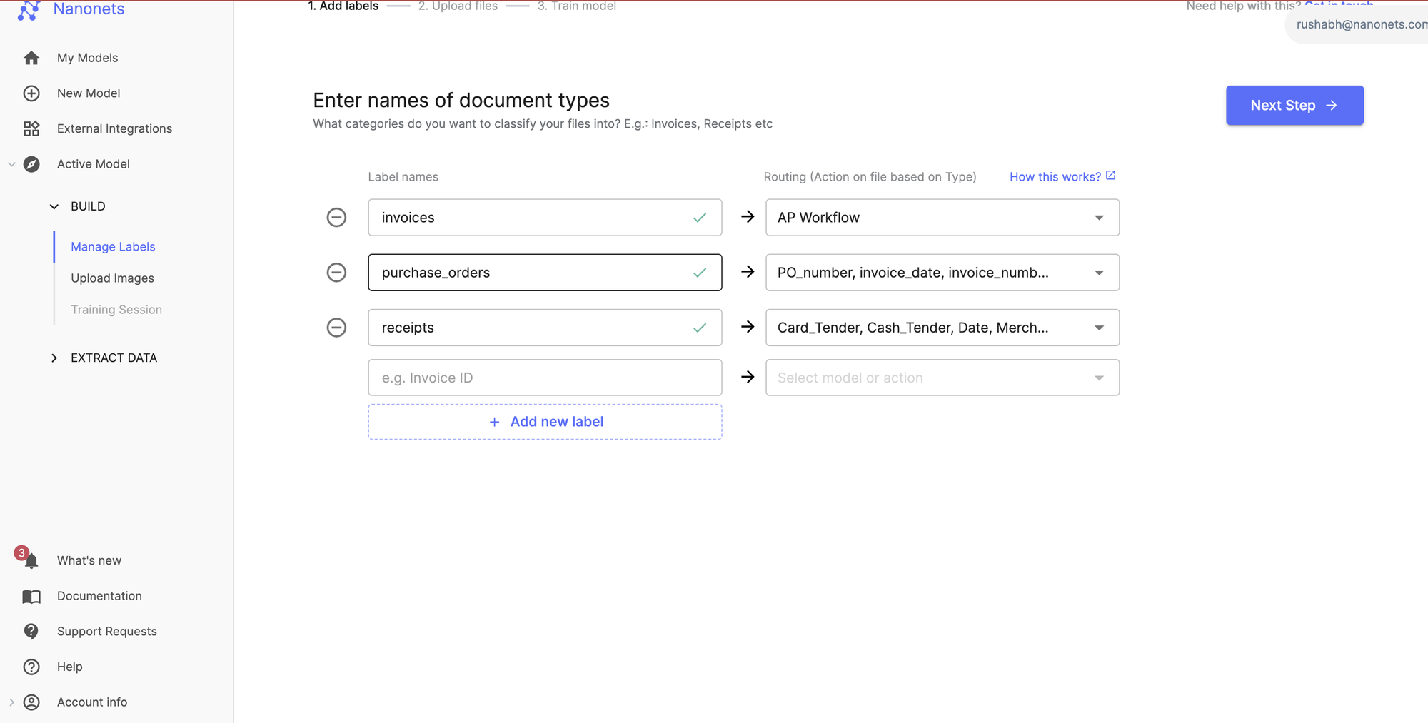 You want to route different document types (e.g. receipts, invoices, and purchase orders) to distinct OCR models that serve each type of document. You can create a document classification model with 3 labels for each of these 3 documents and then select the OCR model you want the documents to be processed against.