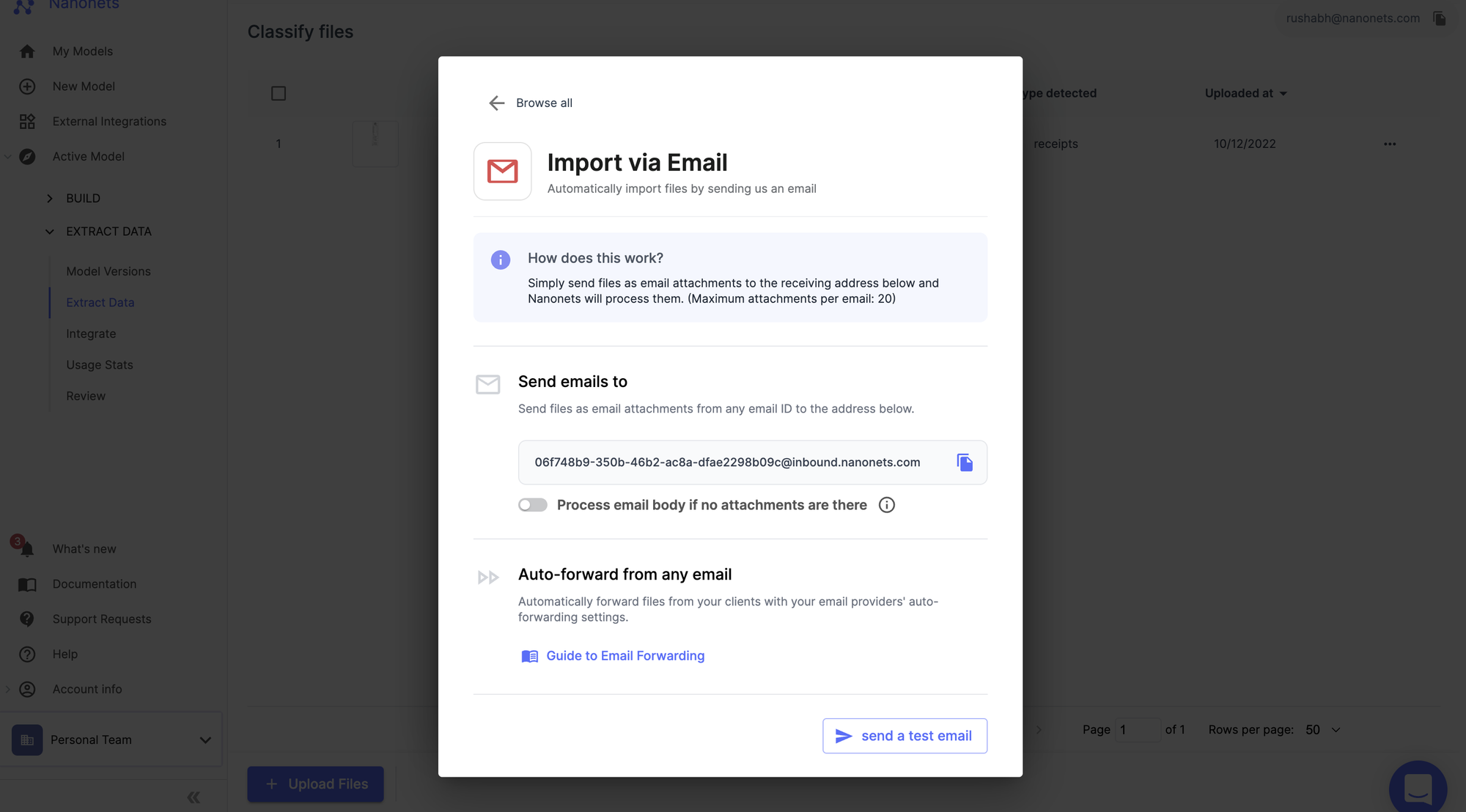 You can send documents via a dedicated email inbox. By default, all the attachments sent in an email will be processed. The attachment will then get routed to the respective OCR model