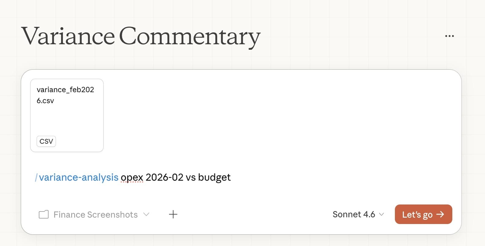 Claude interface showing a variance analysis workflow for budget versus actual comparison in finance reporting.
