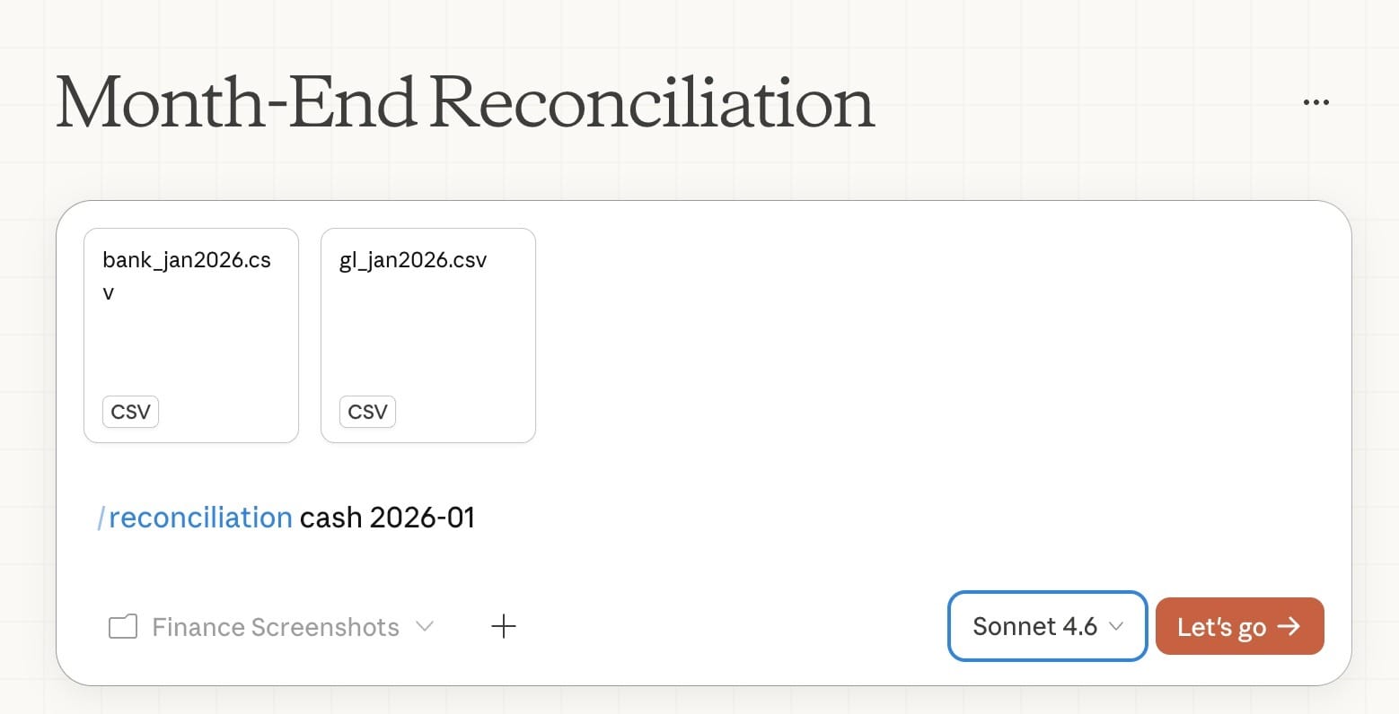 Claude interface showing a month-end reconciliation workflow with account type, period input, and reconciliation command for finance teams.