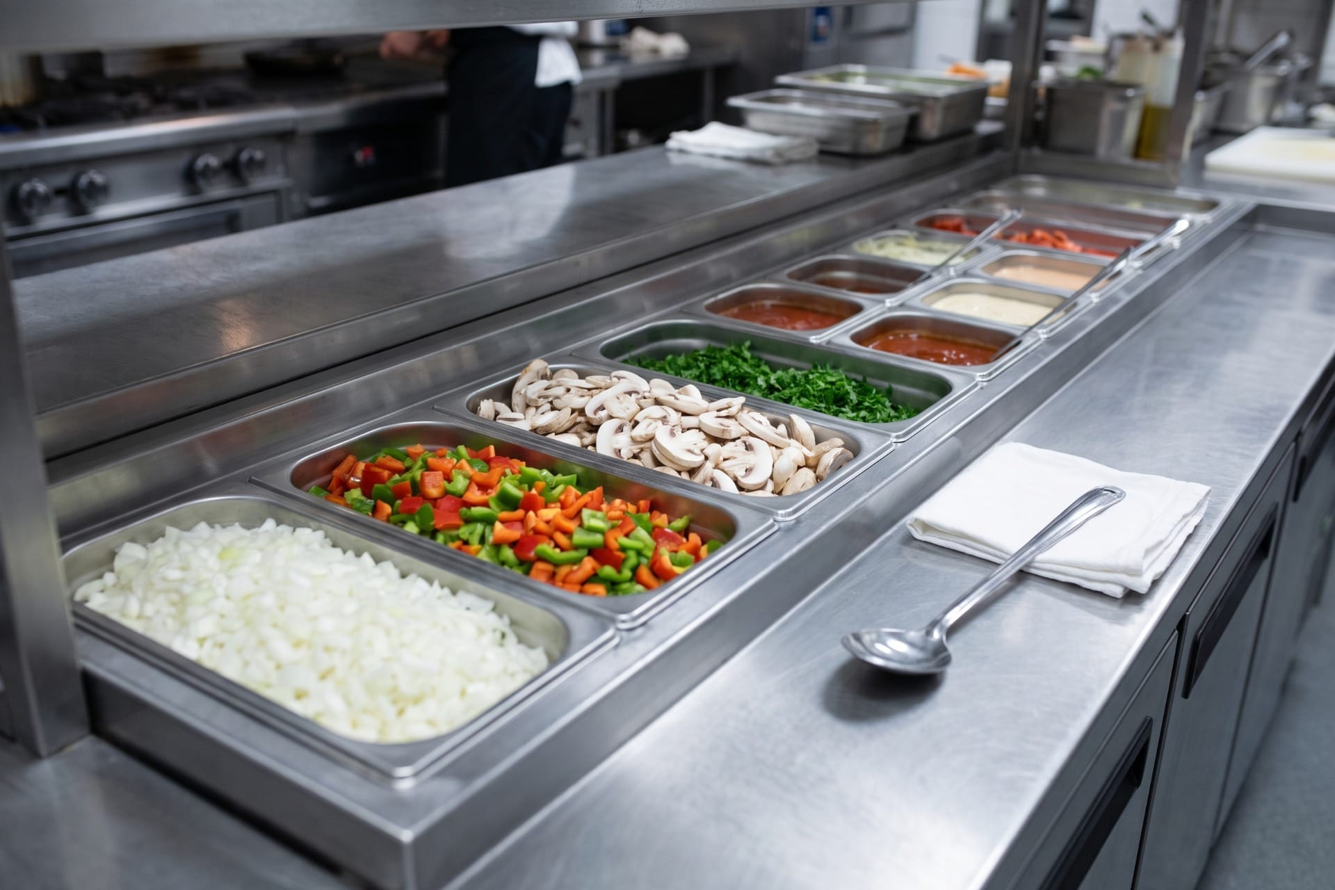A refrigerated prep counter filled with prepped mise en place in gastronorms, diced onion, peppers, sliced mushrooms, chopped parsley and sauces, ready for service