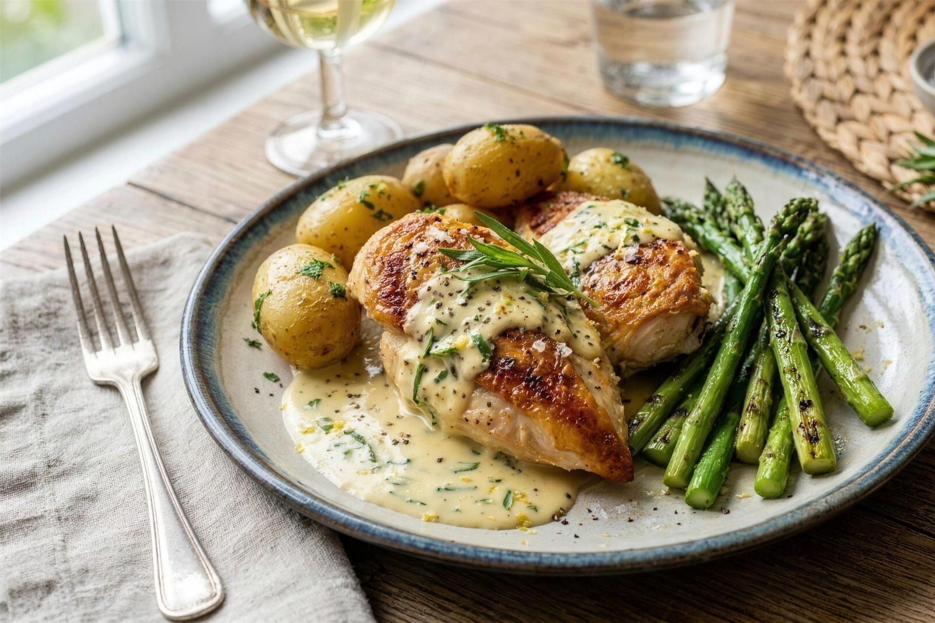 Pan roasted chicken supreme with new potatoes and asparagus in a cream sauce, on a plate on a wooden table.