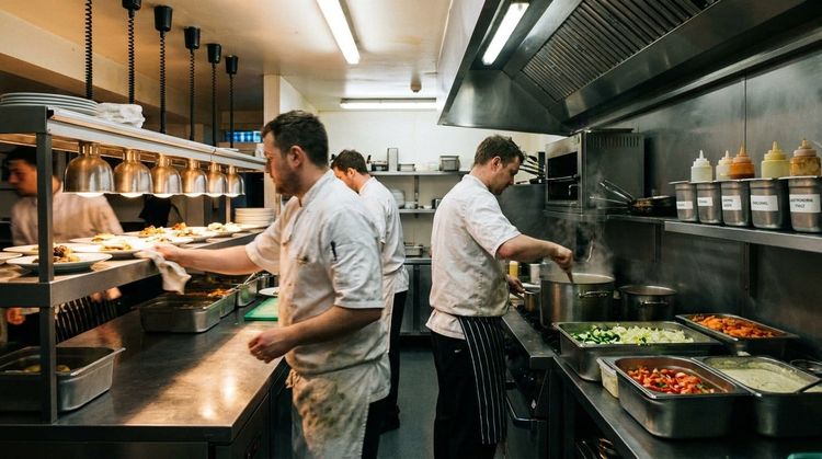 Chefs working along a busy hot line in a commercial kitchen with prepped gastronorm trays under the pass.
