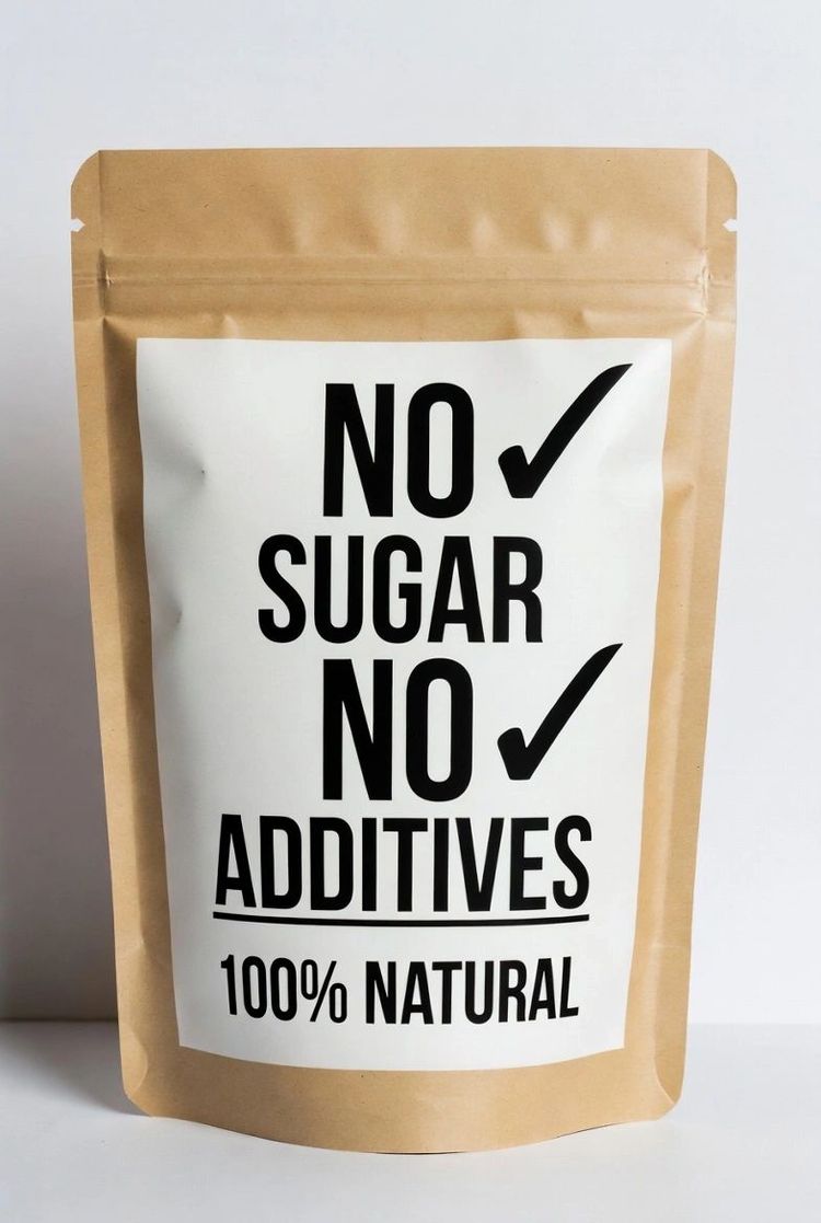 Kraft paper food pouch labelled no sugar, no additives, one hundred per cent natural.