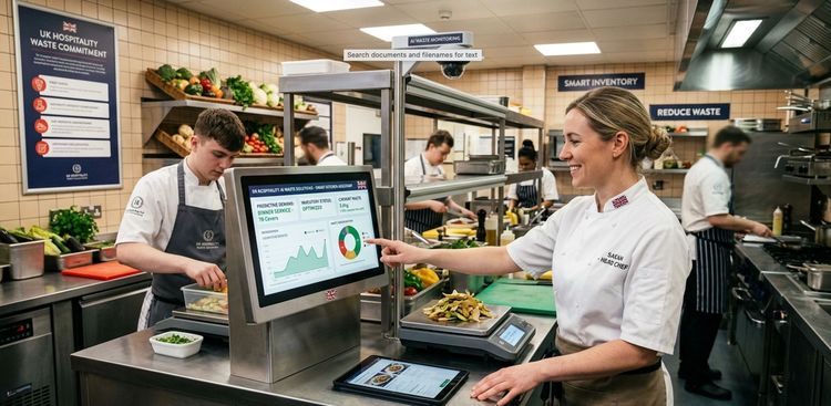 Two chefs at a touchscreen terminal showing charts in a stainless steel kitchen, with prepped trays on the bench beside them.