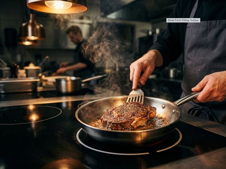 Chef turning a piece of meat in a pan on an induction hob, steam rising under a copper heat lamp with the kitchen working behind.