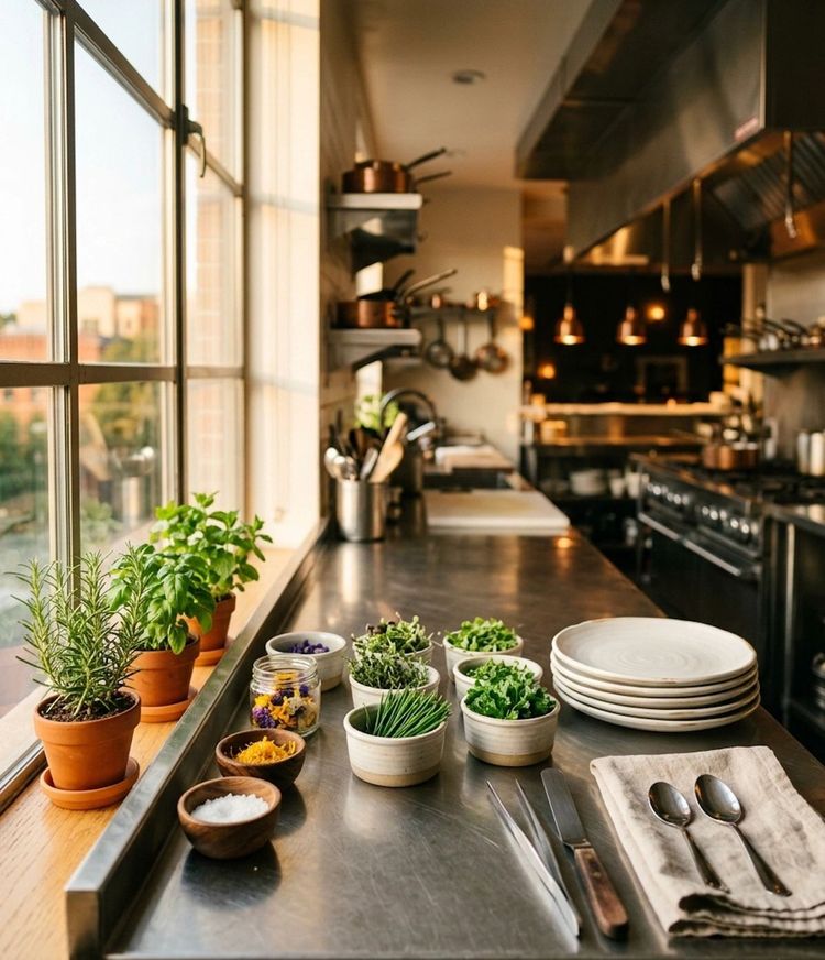 Potted herbs and stacked plates on a window ledge in the foreground with a commercial kitchen running behind in daylight.