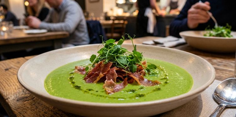 Wide bowl of bright green minted pea and ham hock velouté topped with crispy ham and pea shoots, diners behind.