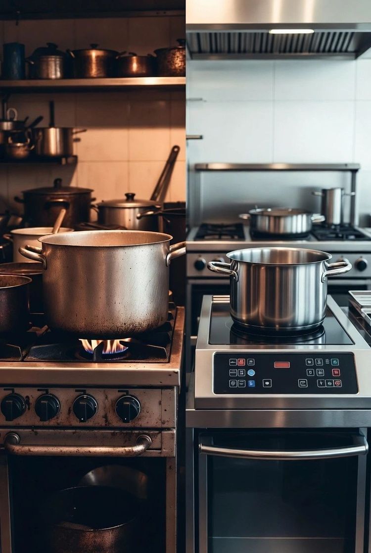 Tall stockpot on an older range beside a modern oven with a digital control panel.