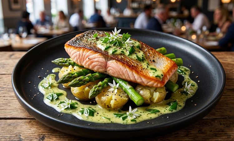 Pan seared sea trout fillet on Jersey Royals and asparagus in a wild garlic butter sauce, finished with wild garlic flowers.