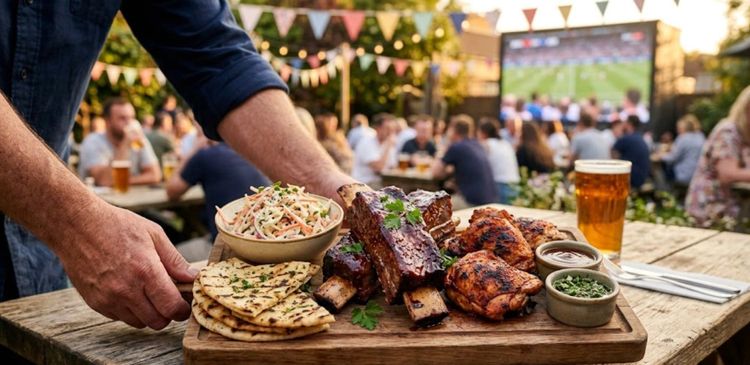 Hands setting down a sharing board of ribs and flatbread in a pub garden, a pint alongside and a crowd watching a screen behind.