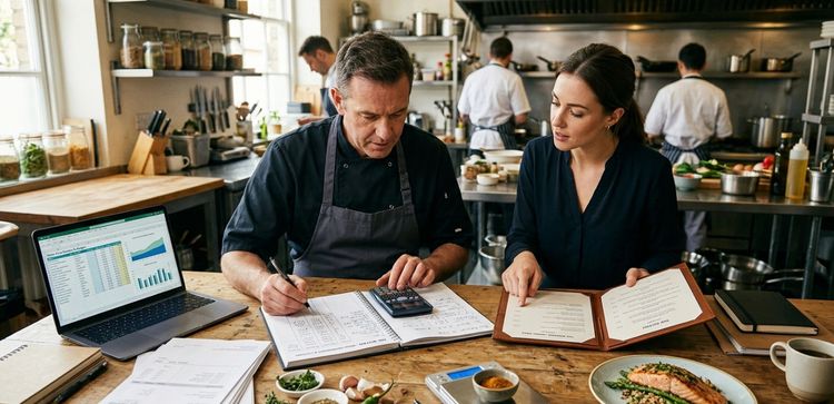 Chef and colleague working through recipe costings at a table with a laptop spreadsheet, calculator and notebooks, kitchen behind.