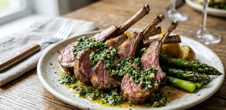 Rack of spring lamb cutlets with a herb crust and salsa verde, served with asparagus and potatoes.