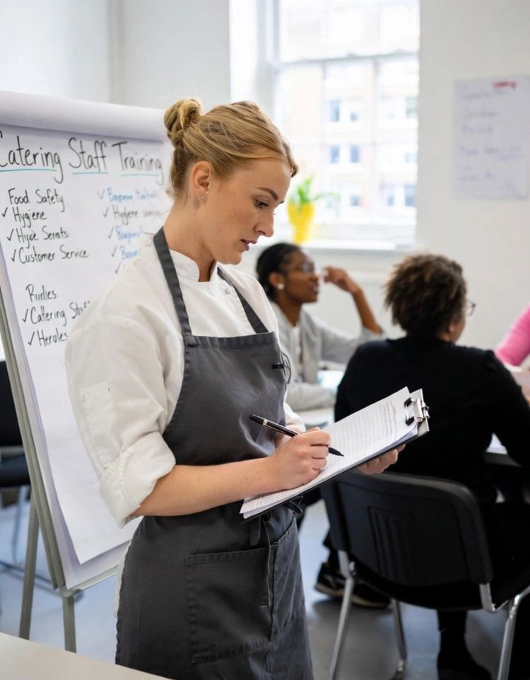 Trainer in an apron with a clipboard leading a staff training session in front of a flipchart, attendees seated.