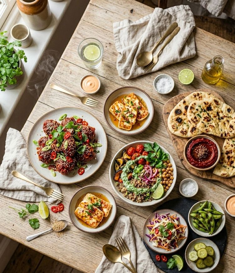 Overhead table spread of small sharing bowls, flatbreads, grain salads and herbs with drinks between them.