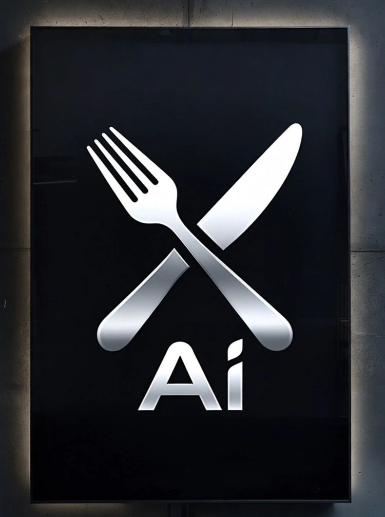 Dark sign showing a crossed knife and fork above the letters AI.