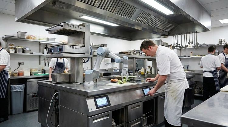 Modern stainless steel commercial kitchen with induction suites, touch control panels and an extraction canopy, chefs working at the bench.