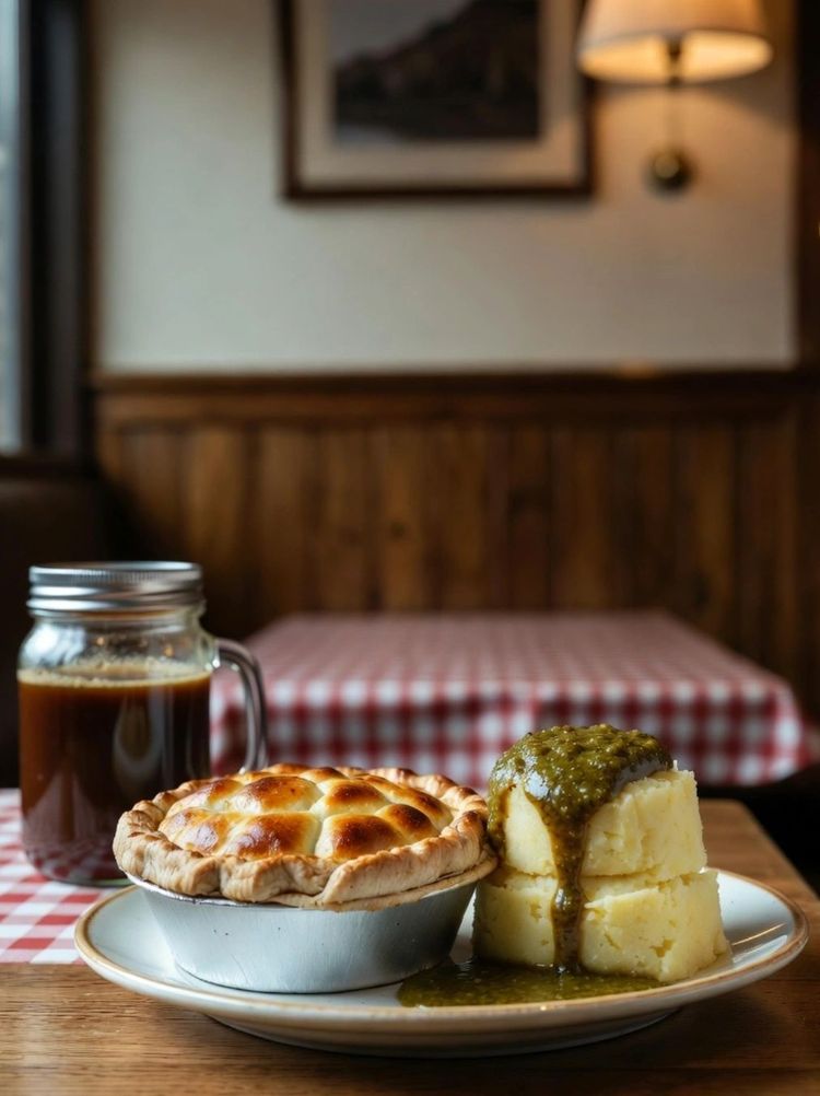 Pie and mash with green liquor on a red gingham tablecloth in a traditional shop, a pint of beer alongside.