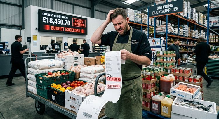 Chef in a cash and carry holding a long till receipt, a loaded trolley beside him and a sign showing the order total over budget.