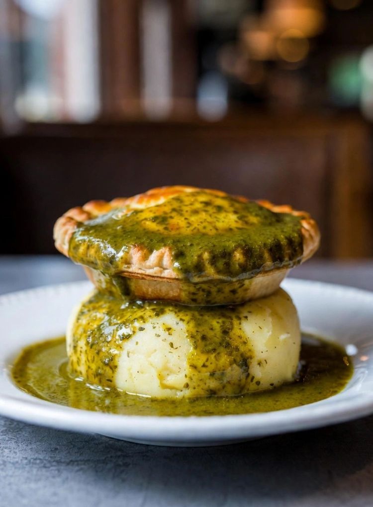 Pie topped with green liquor sitting on a mound of mash on a white plate.