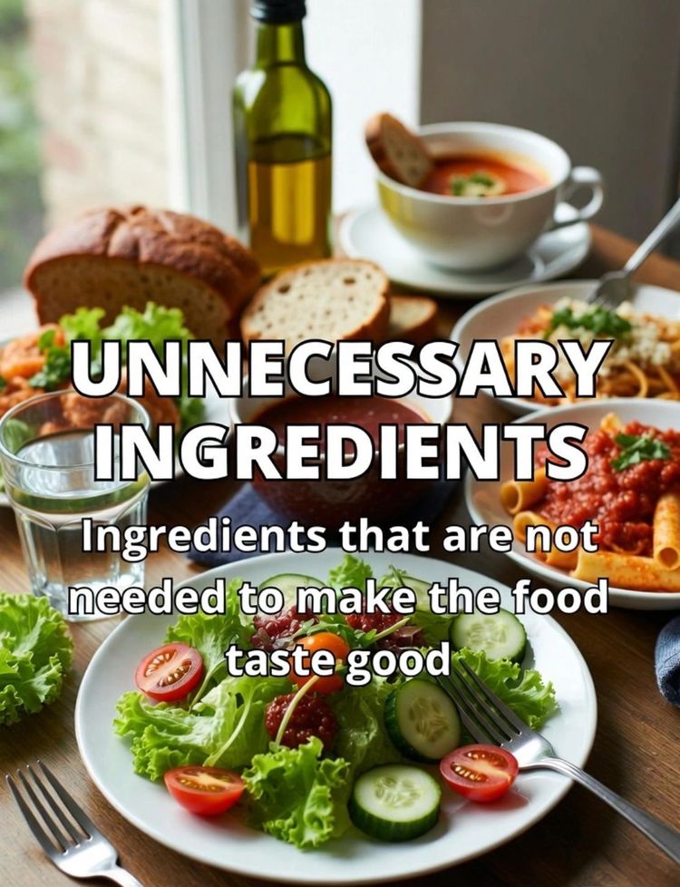 Spread of prepared food with overlay text reading unnecessary ingredients, ingredients that are not needed to make the food taste good.