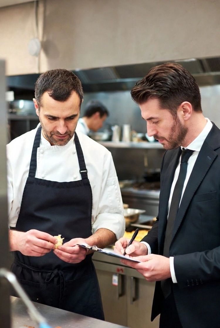 Chef in whites and a client in a suit looking at a tablet together in a commercial kitchen.