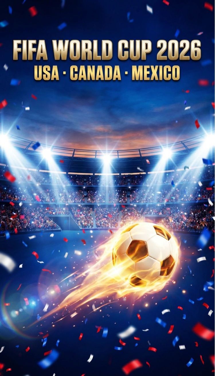 Promotional graphic for the FIFA World Cup 2026 in the USA, Canada and Mexico.