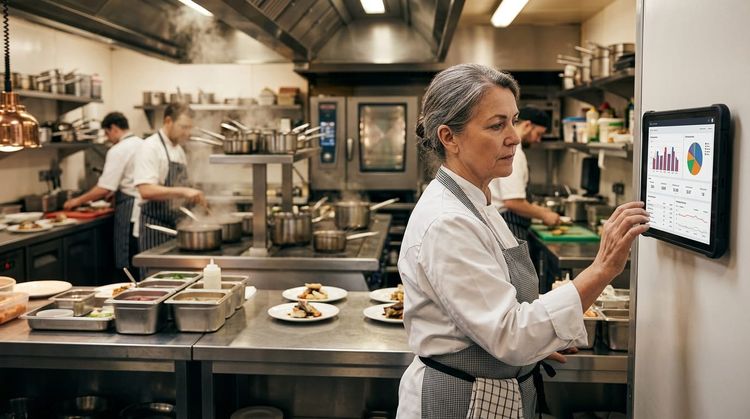 An experienced head chef checks a data dashboard on a wall-mounted tablet at the pass in a busy commercial kitchen.