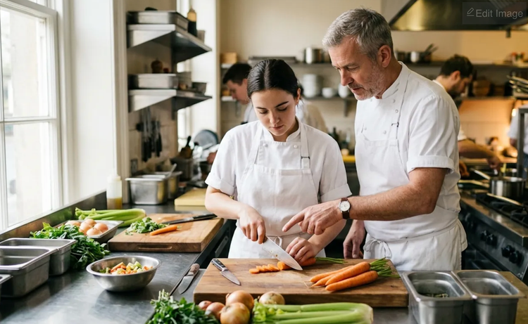 A senior chef guiding a young commis through knife work on a busy kitchen section