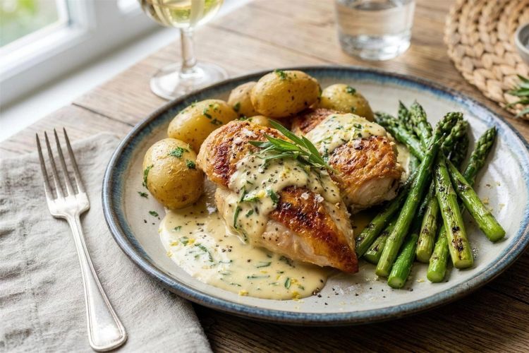 Pan roasted chicken supreme with new potatoes and asparagus in a cream sauce, on a plate on a wooden table.