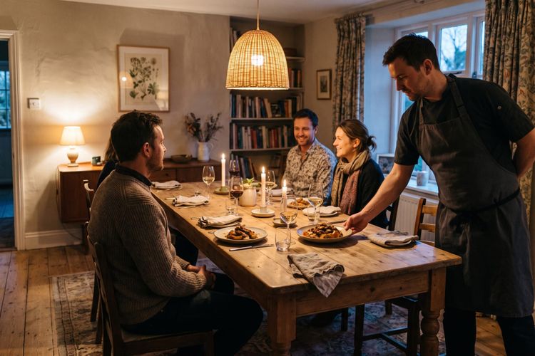 A chef in a dark apron setting a plated dish down for guests at a dining table in a private house.