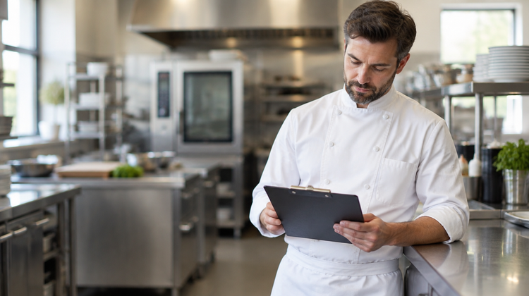 A chef in whites at a stainless steel pass reviews figures on a clipboard, a calm professional kitchen softly blurred behind.