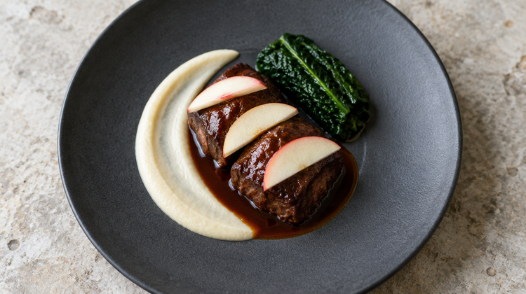 Braised pork cheeks on a charcoal-grey matte ceramic plate with celeriac purée, pickled apple slices and cavolo nero