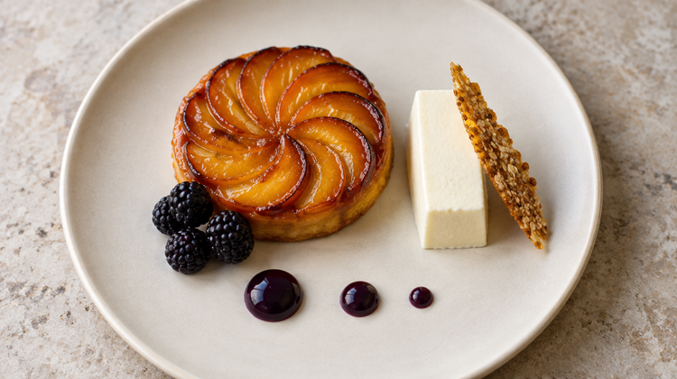 Cox apple tarte fine with crème fraîche parfait, oat and brown butter crisp shard and blackberry gel dots on a warm plate