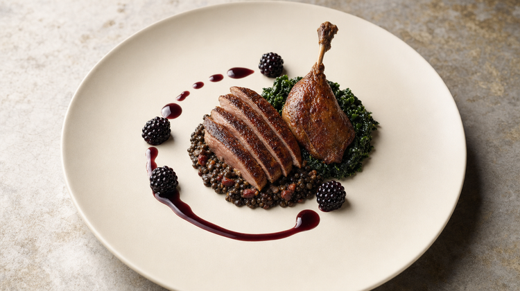 Sliced pot-roasted partridge fanned over Puy lentils with a confit leg, cavolo nero and blackberry jus.
