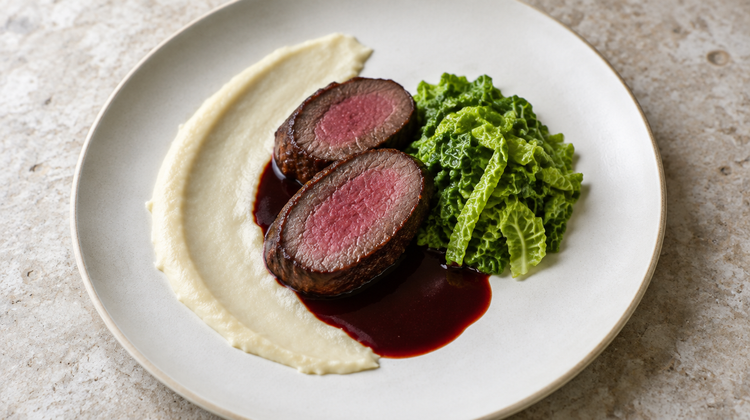 Seared venison loin sliced on a warm plate, with celeriac purée, damson sauce and savoy cabbage