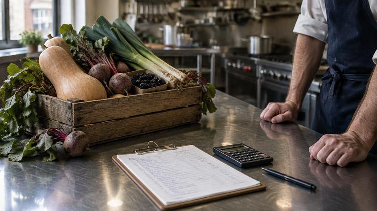 Crate of squash, beetroot, leeks and blackberries beside a handwritten costing sheet and calculator on a stainless kitchen pass.