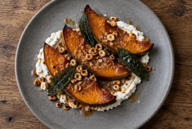 Skin-on roasted Crown Prince squash wedges on whipped goat's curd with sage brown butter, toasted hazelnuts and sage