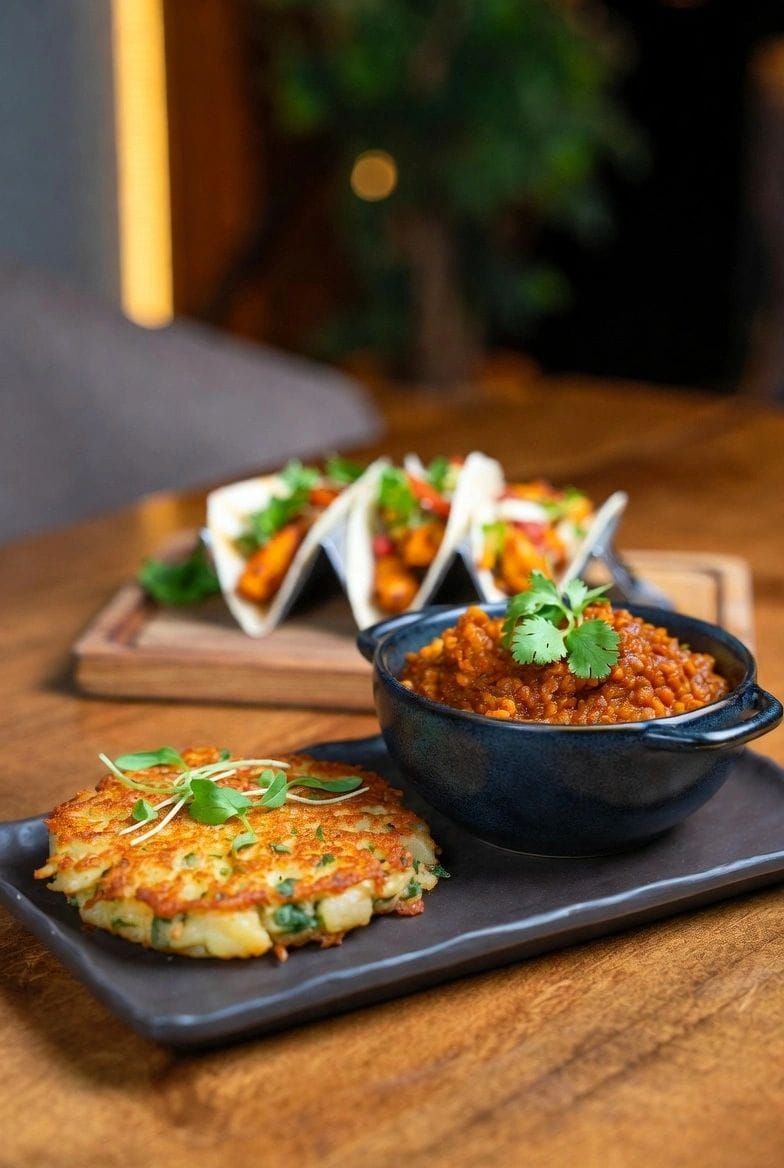 Tacos on a board beside a bowl of chilli on a dark table.