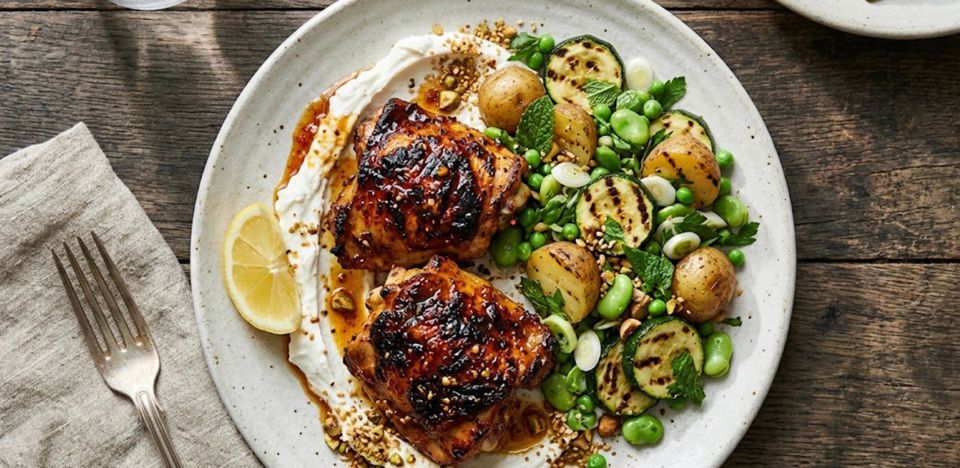 Glazed chicken thighs with new potatoes, broad beans, lemon and yoghurt on a plate, seen from above.