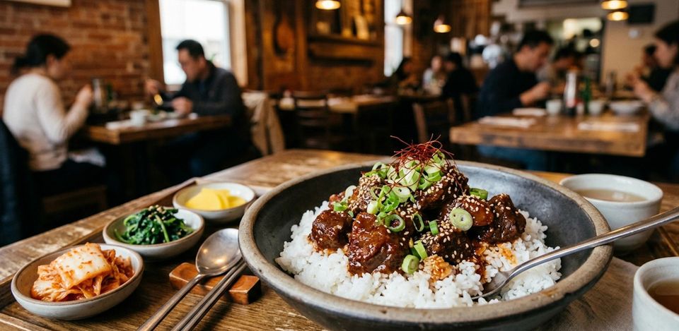 Bowl of braised beef over rice with greens and kimchi on a restaurant table, diners out of focus behind.