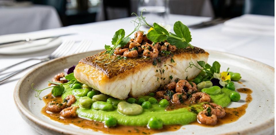 Pan seared halibut fillet on pea purée with broad beans and brown shrimps in a butter sauce.