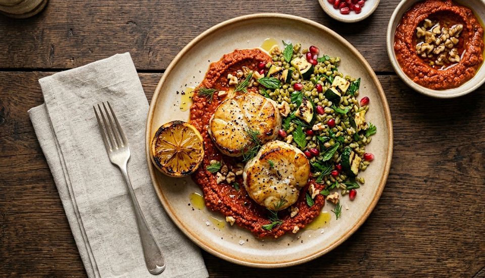Roast monkfish medallions on a bed of red muhammara with charred lemon, herbs and pomegranate seeds, seen from above.